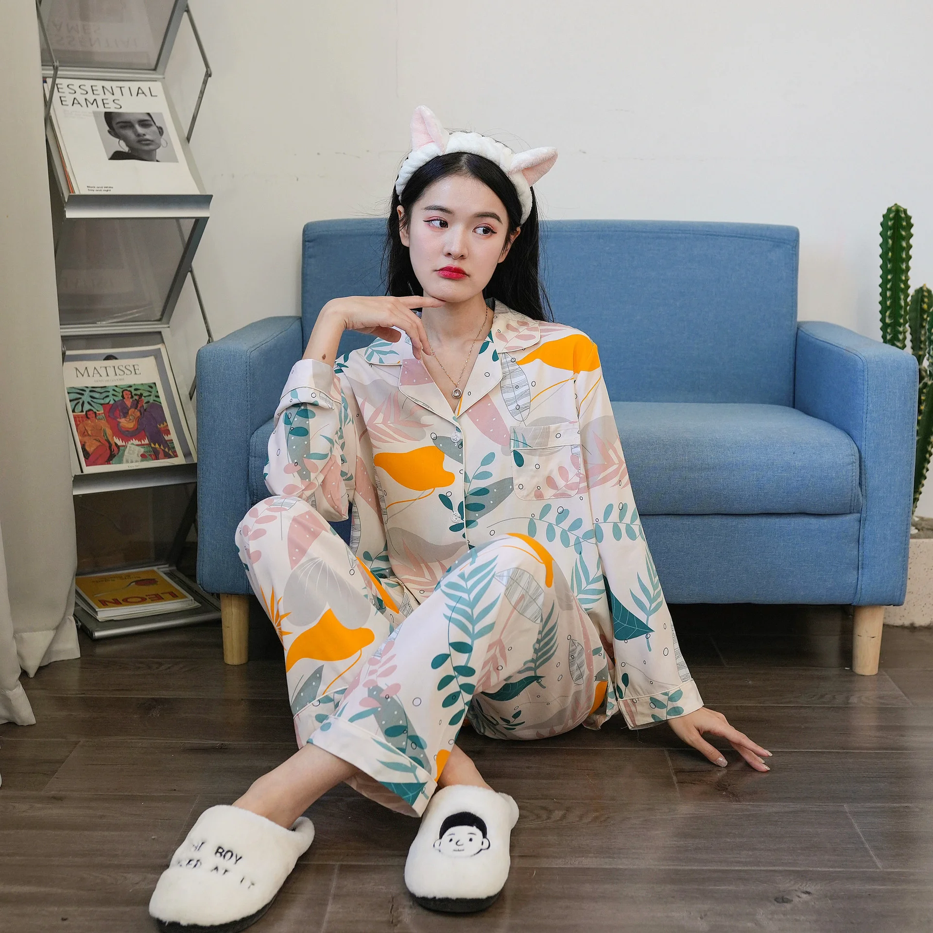 

Autumn 2023 New Women's V-neck Flower Printed Pajamas Set Viscose Sleepwear Loose Soft Nightdress For Women Home Clothes Pyjamas