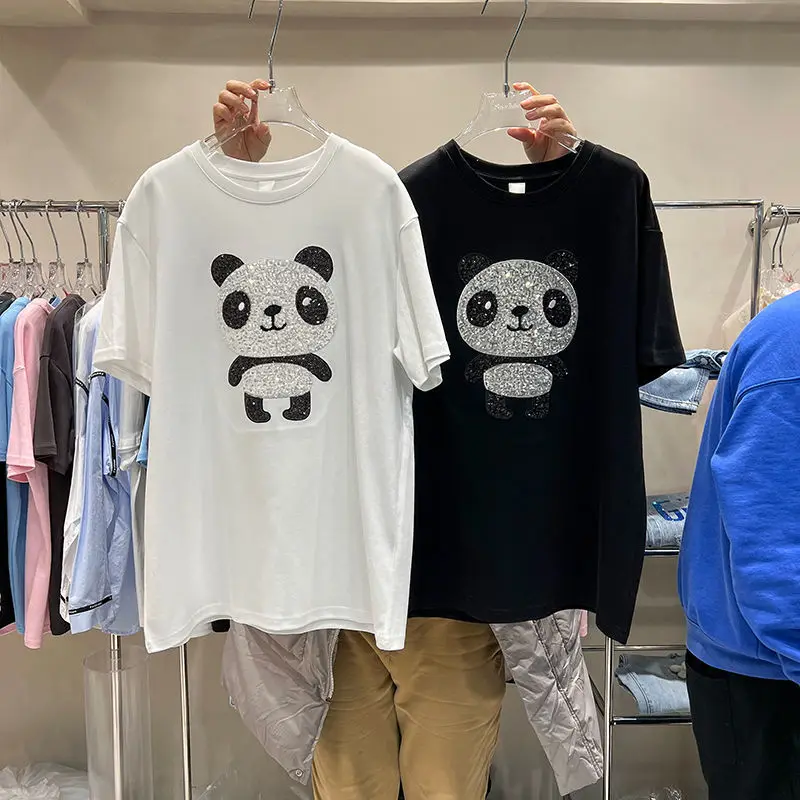 

DUOFAN летние футболки большого размера с мультипликационным рисунком панды, женские пуловеры с круглым вырезом и коротким рукавом в стиле Ха...