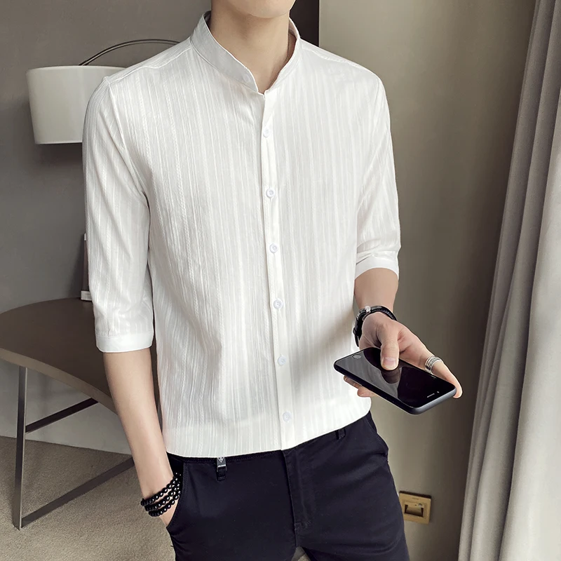

YASUGUOJI Mens Striped Cotton Linen Shirts Summer Fashion Loose Simple Three Quarter Sleeve Casual Buttons Collar Tops Shirt Men