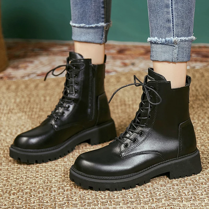 

Rimocy/черные женские ботильоны из искусственной кожи; Коллекция 2021 года; Зимние теплые ботинки на толстой платформе; Женские мотоциклетные бо...