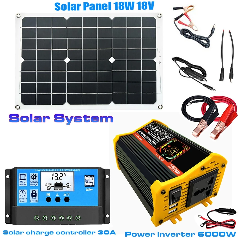 

6000W Power Inverter 12V 18W Solar Panel Cell 30A Controller USB Off Grid Portable Emergency Generator Power Battery Charge