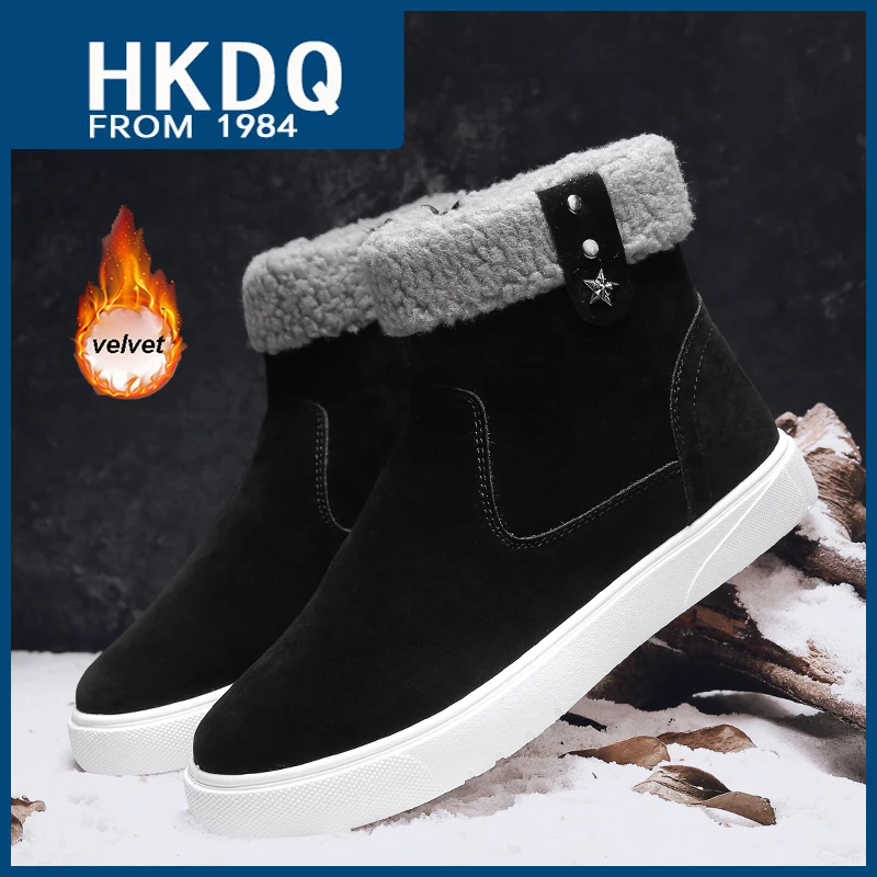 

HKDQ уличные теплые зимние ботинки для мужчин модные замшевые черные ботильоны мужские удобные плюс бархатные мужские высокие кроссовки