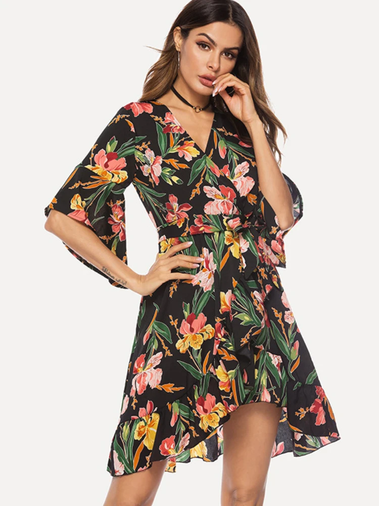 

Платье женское летнее с V-образным вырезом, Элегантный Приталенный сарафан с широкими рукавами в виде листьев лотоса, приталенная одежда