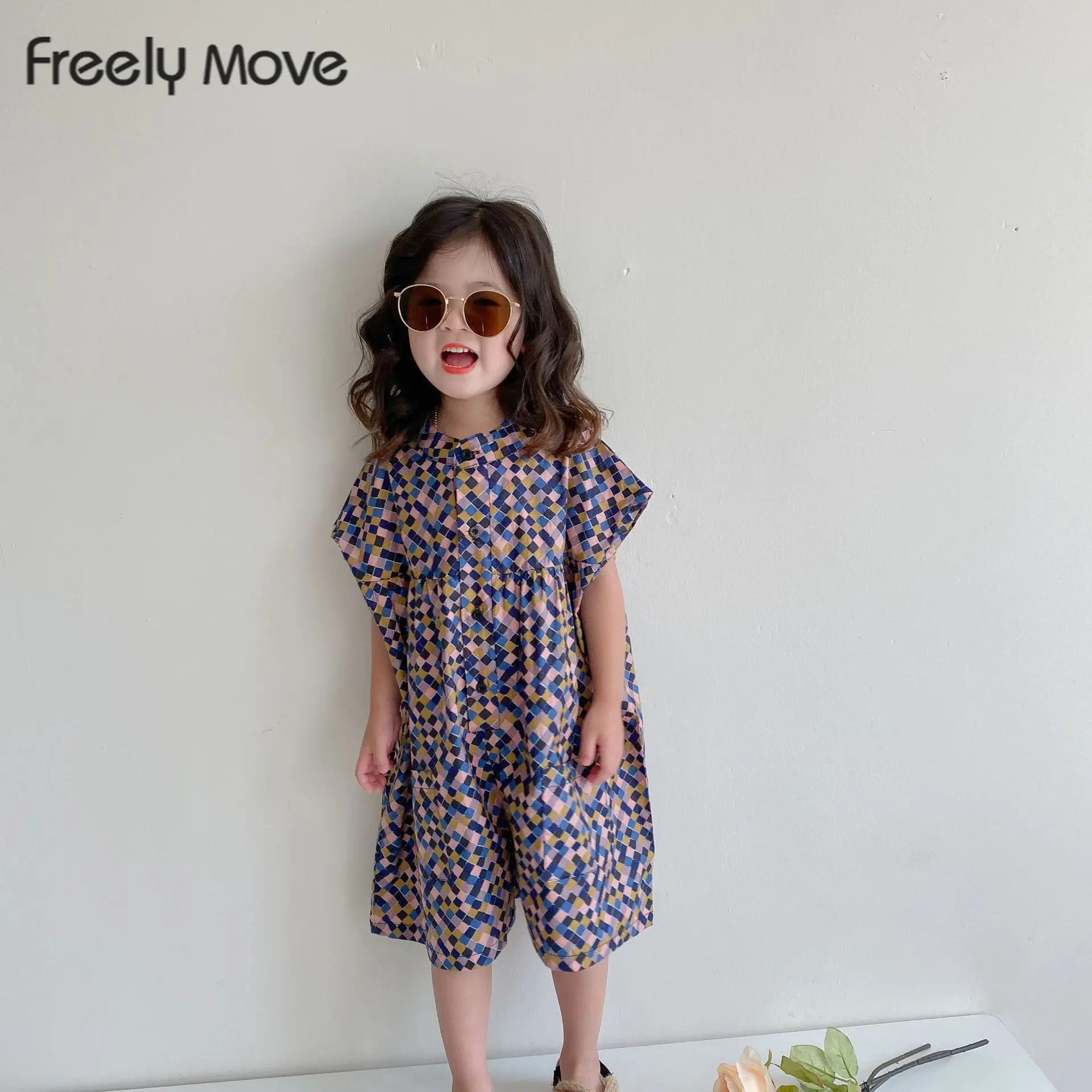 

Freely Move 2022 Summer Kids Girl short Sleeve knee length bodysuit print Jumpsuit Playsuit Outfits Floral Fashion Sunsuit