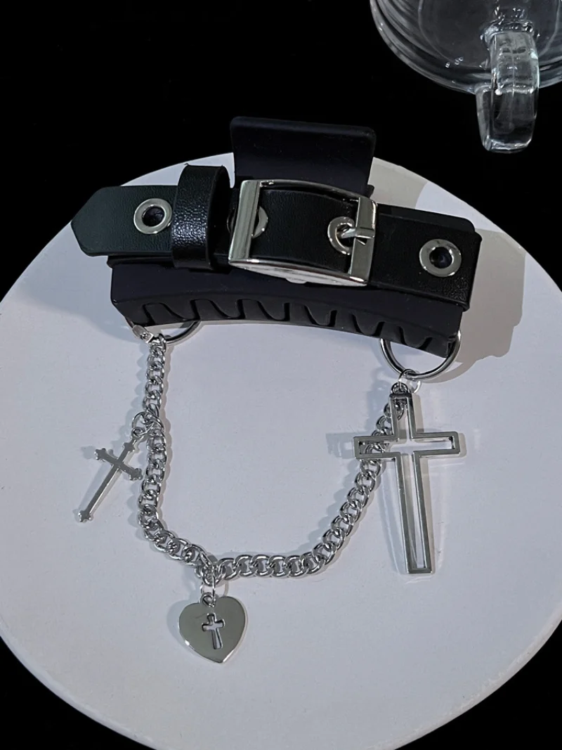

Korean Style Cross Love Hair Claw Black Belt Chain Hair Clip Personality Sweet Cool Hair Accessories for Women