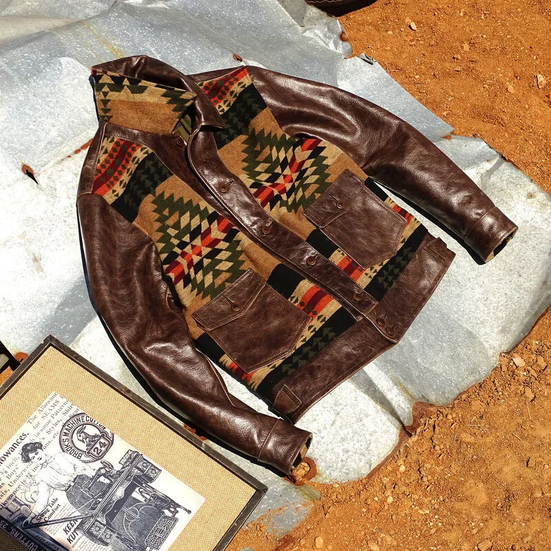 

leather 100% genuine fur coat men jacket[Three cents for one cent! Always]Navajo Totem Light Imported Batik Colored Cowhide