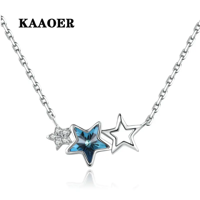 

KAAOER 2022 Новинка 100% S925 высококачественное ожерелье с тремя звездами и синими кристаллами с отверстиями цепочка до ключиц кулон подарок на ден...