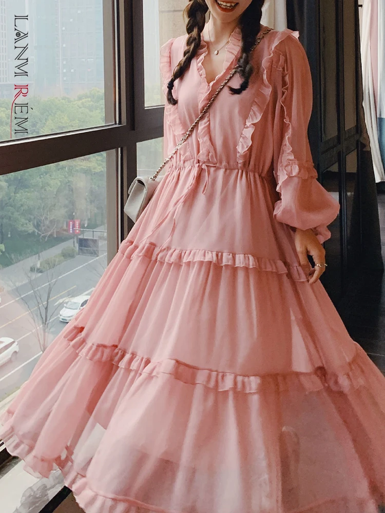 

LANMREM дизайнерское платье с поясом для женщин, газовое платье трапециевидной формы с v-образным вырезом и длинными рукавами, элегантная женская одежда, новинка 2023, 2YA1047