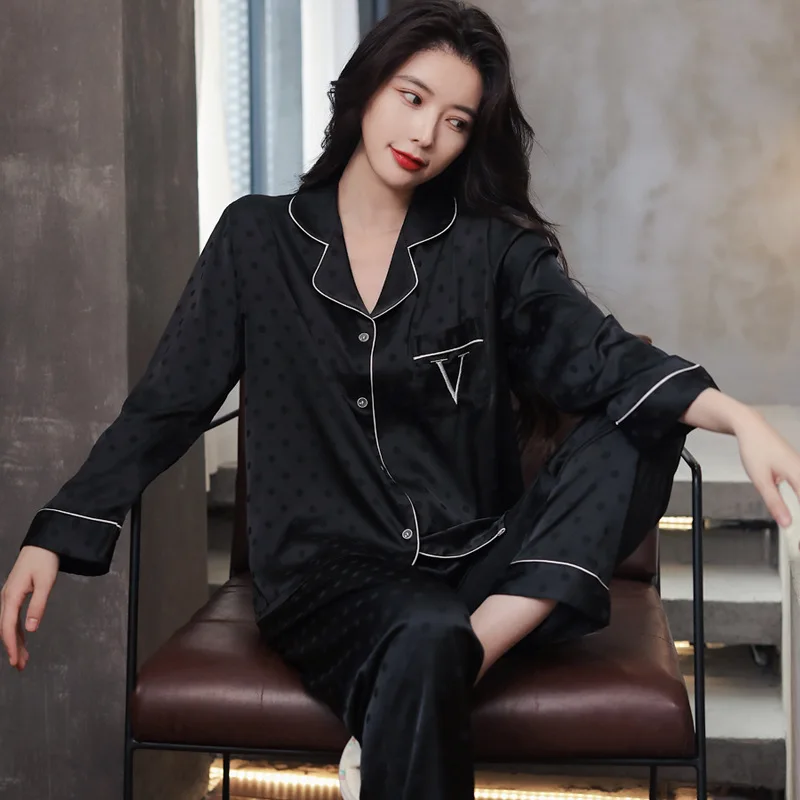 2023 New Pajamas Women's Spring and Autumn Summer Ice Silk Polka Dot Internet Celebrity Homewear Suit