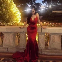 red satin mermaid prom dresses spaghetti backless sweep train appliques long evening party gown vestidos de mujer para bodas