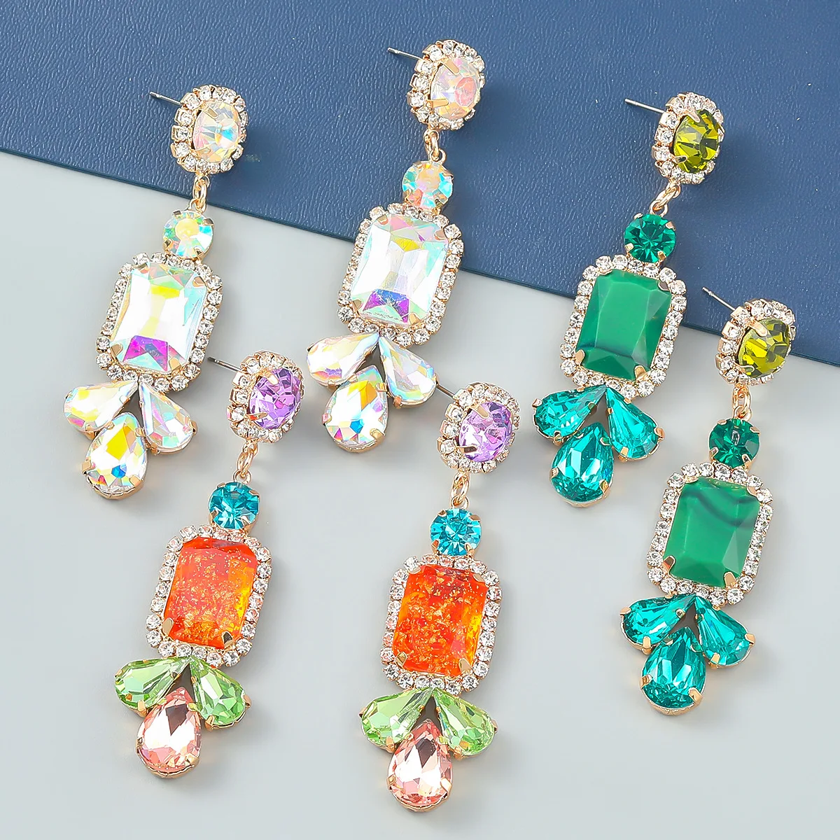 

Bohemia Colorful Shiny Crystals Mixed Fine Earrings Jewelry Trendy Dangle Drop Earrings for Women Bridal Wedding Romantic Gifts