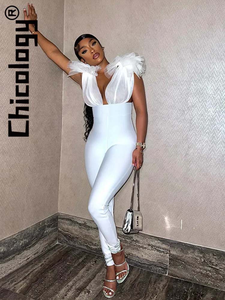 Chicology Party Club Mesh Patchwork Sexy Bodycon White Jumpsuit Festival Fashion Overalls One Piece Outfit 2022 Women Clothes