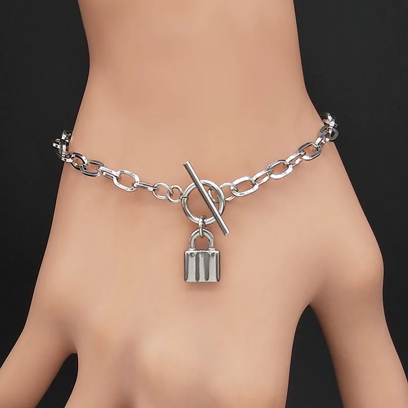 

Punk Lock Bracelet for Women Stainless Steel Silver Color Chain Bracelets on hand Jewelry pulseras bransoletki damskie B185S06