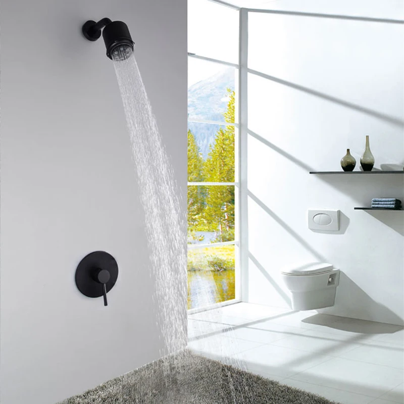 

Black Bathroom Shower Set Brass Embedded Monofunctional Round Shower Set Wall Flower Aspersed Simple Shower Set