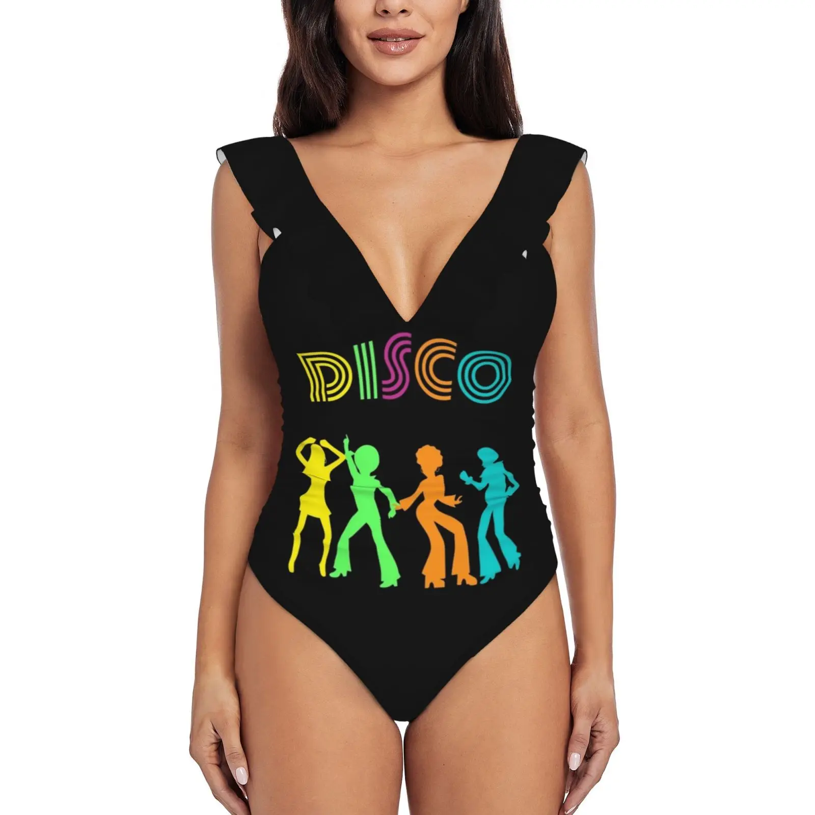 

Танцевальные диско-танцоры в стиле 1970-х годов, женский слитный купальник с оборками в стиле ретро, сексуальный купальник, монокини, купальны...