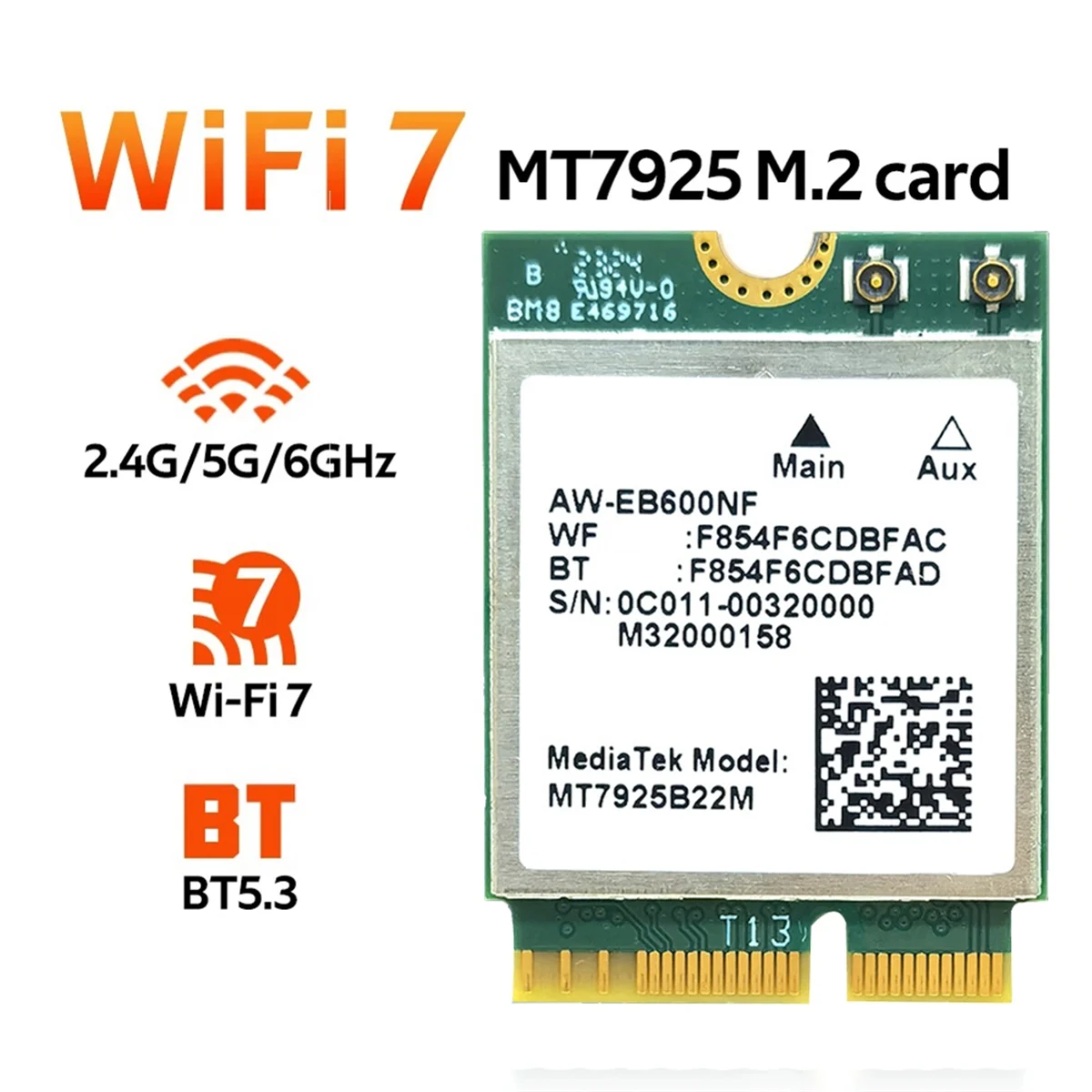MT7925 Wi-Fi 7 + антенны с перегородками 5400 Мбит/с M.2 тройной диапазон 2 4G/Φ/6G BT5.3 WIFI