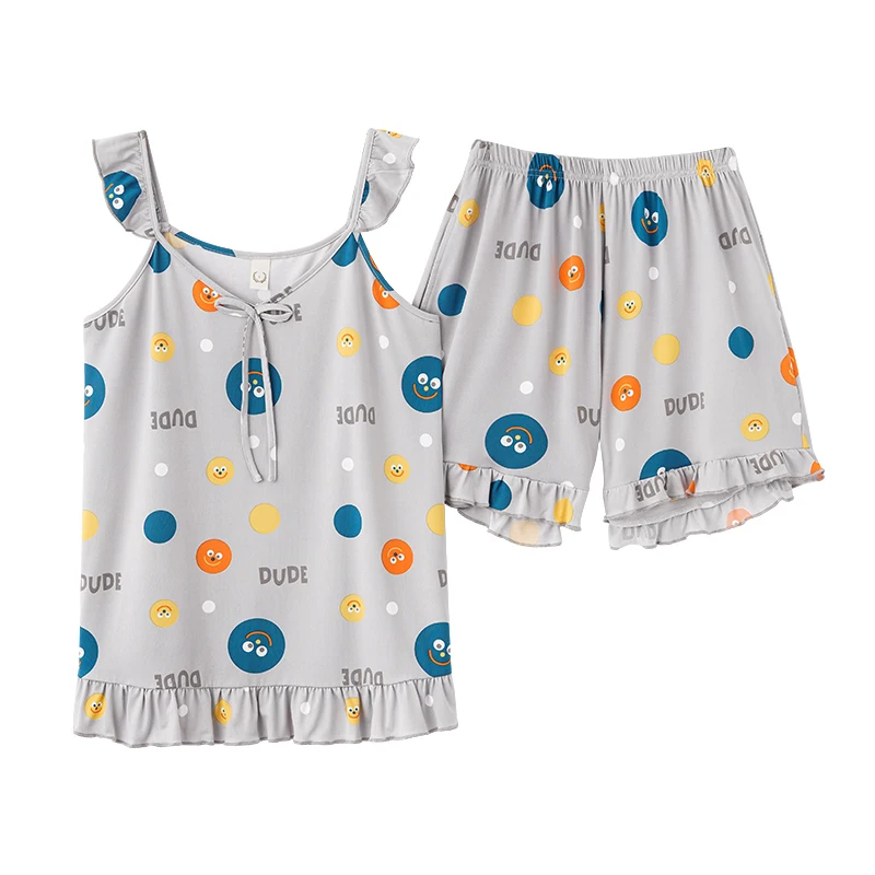 CAIYIER Lovely Bear Print Vintage Pajamas Set Summer Sleeveless Korean Sleepwear Kawaii Women Underwear Leisure Homewear M-4XL