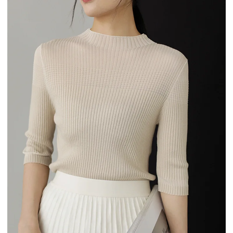 

Женская трикотажная рубашка из шерсти и кашемира, трикотажная рубашка с рукавом семь восьмых, с ложным воротником, Женский пуловер, топы, весна-лето 2023