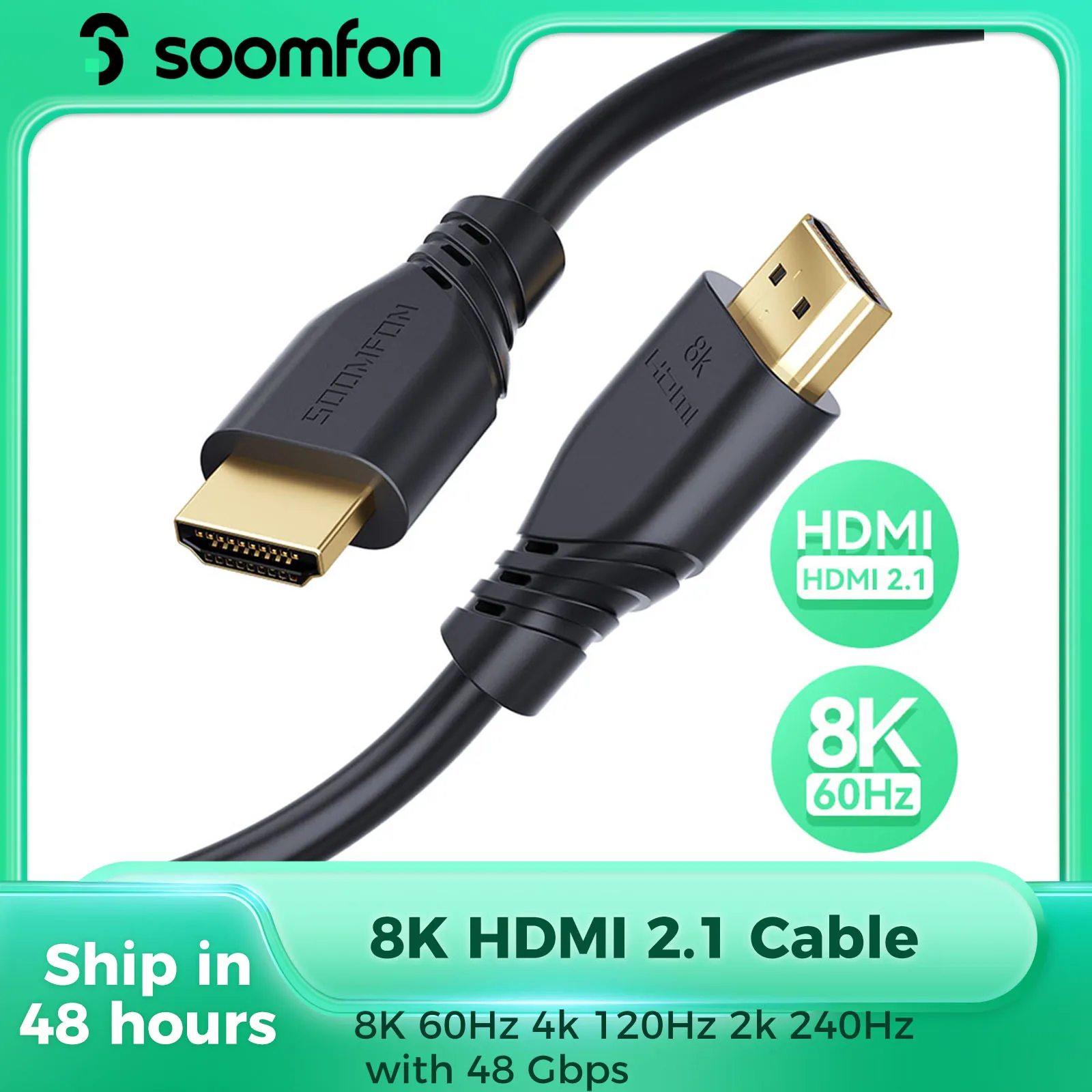 

SOOMFON 2/3M Hdmi 2.1 Cable 8K 60Hz 4K 120Hz 48Gbps High Speed Hdmi Lead for TV Xbox PS4/5 Switch Monitor Blu-ray DVD Laptop