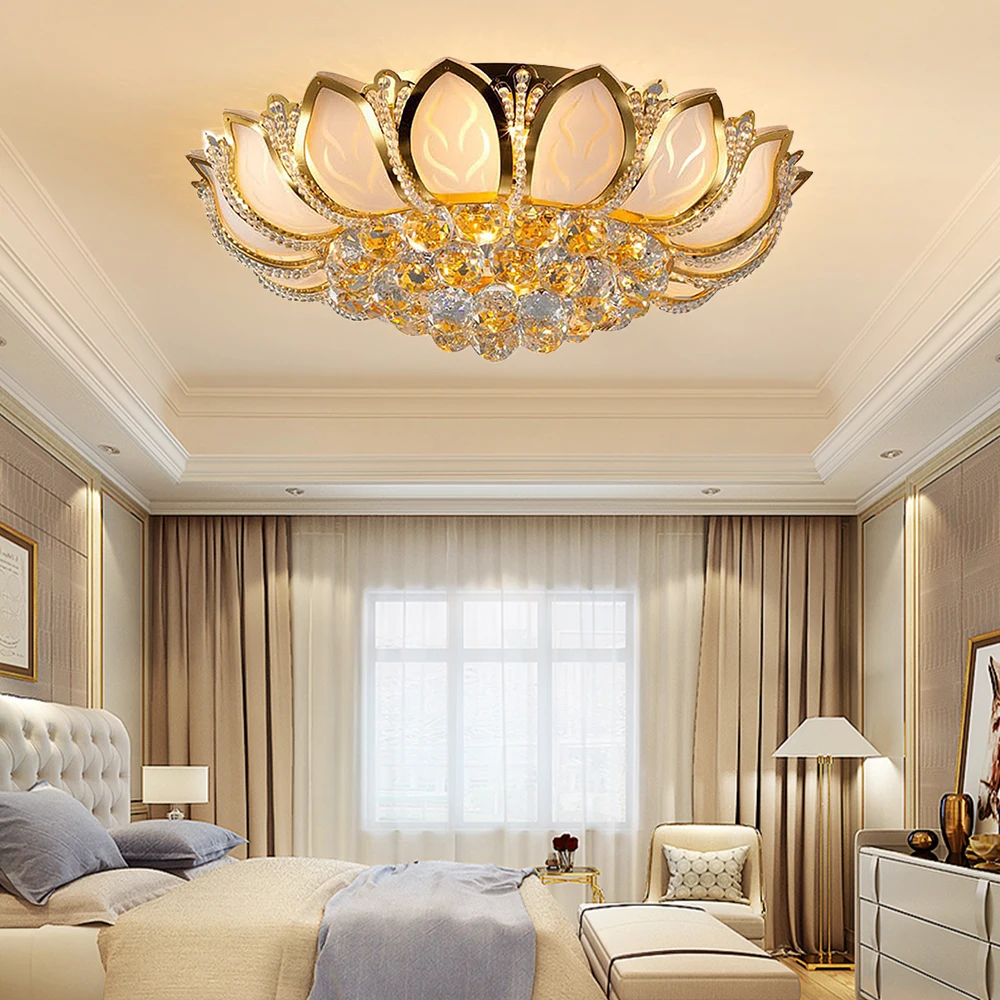 

Fashion Flower Shape 110V Modern Gold K9 Crystal Chandelier Lamps Bedroom Flush Ceiling Lighting Fixture