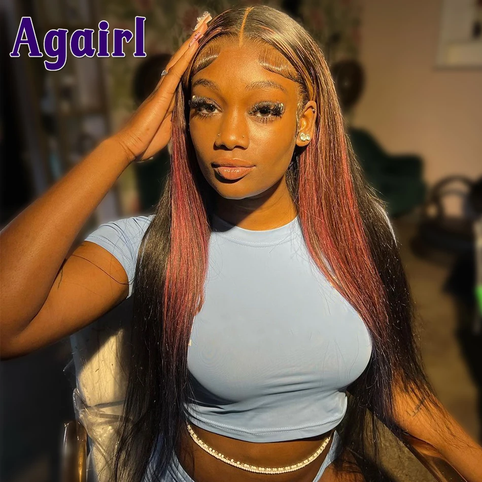 

30 Дюймов прозрачный 13X 6 кружевной передний парик черные волосы с розовым хайлайтером парик из человеческих волос Бразильская косточка прямой кружевной передний парик