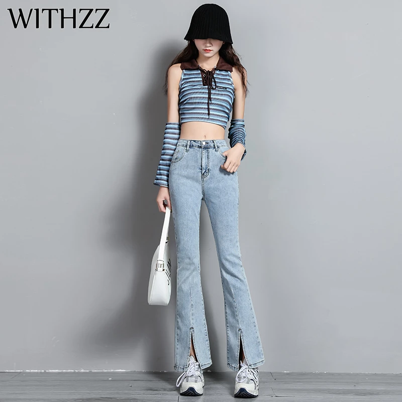 

WITHZZ Spring Autumn Women Loose Denim Stretch Flared Wide Leg Pants Casual High Waist Female Slit Jeans
