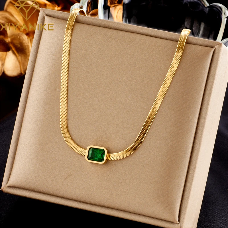 

XIYANIKE 316L Stainless Steel Necklace Rectangle Green Zircon Pendant Accessories for Women Vintage Party Jewelry Gifts Collier