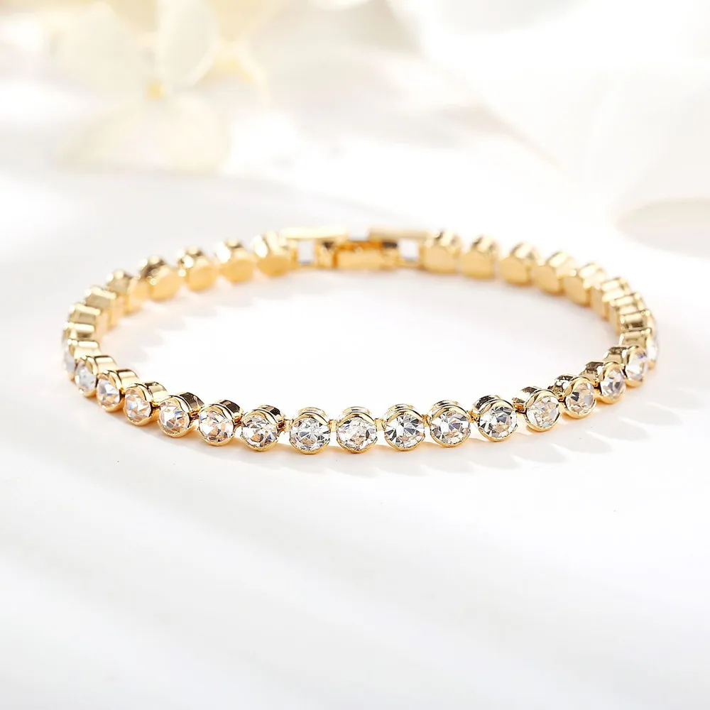 

Luxury Single Row Austrian Crystal Bracelet Fashion Golden Silvery Roman Crystal Bangle Men Women Wedding Party Jewelry Gifts