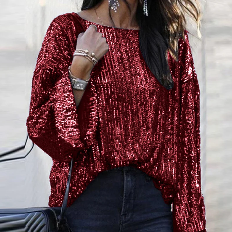 Женские блестящие топы с блестками свободные блузки длинным рукавом и круглым