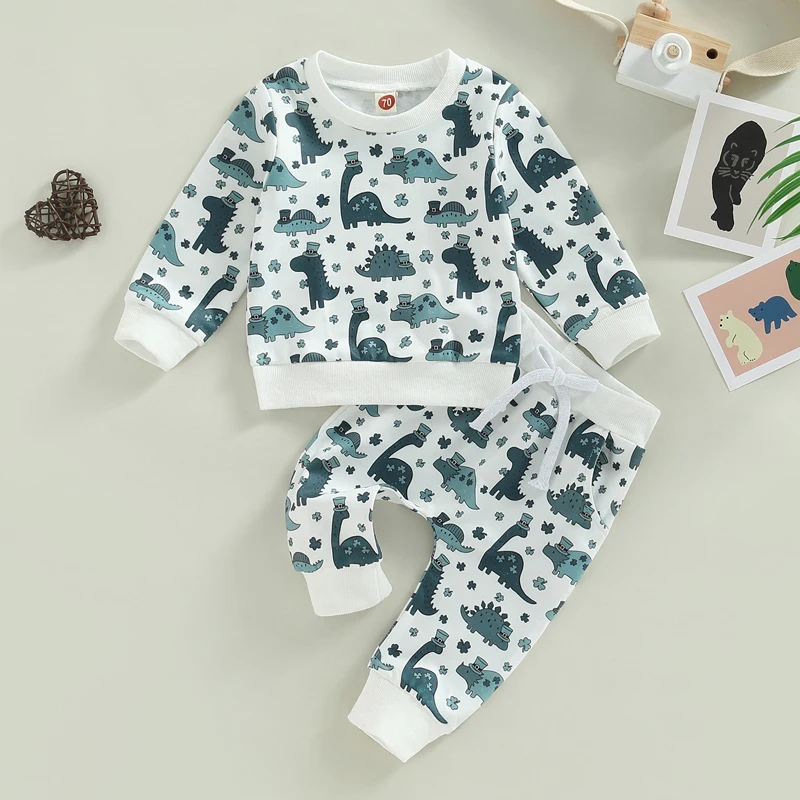 

Baby Clothing Boy Girl Green Clover Dinosaur Long Sleeve Sweatshirt Pants 2Pcs Outfits Cotton Kid Toddler Clothes Set