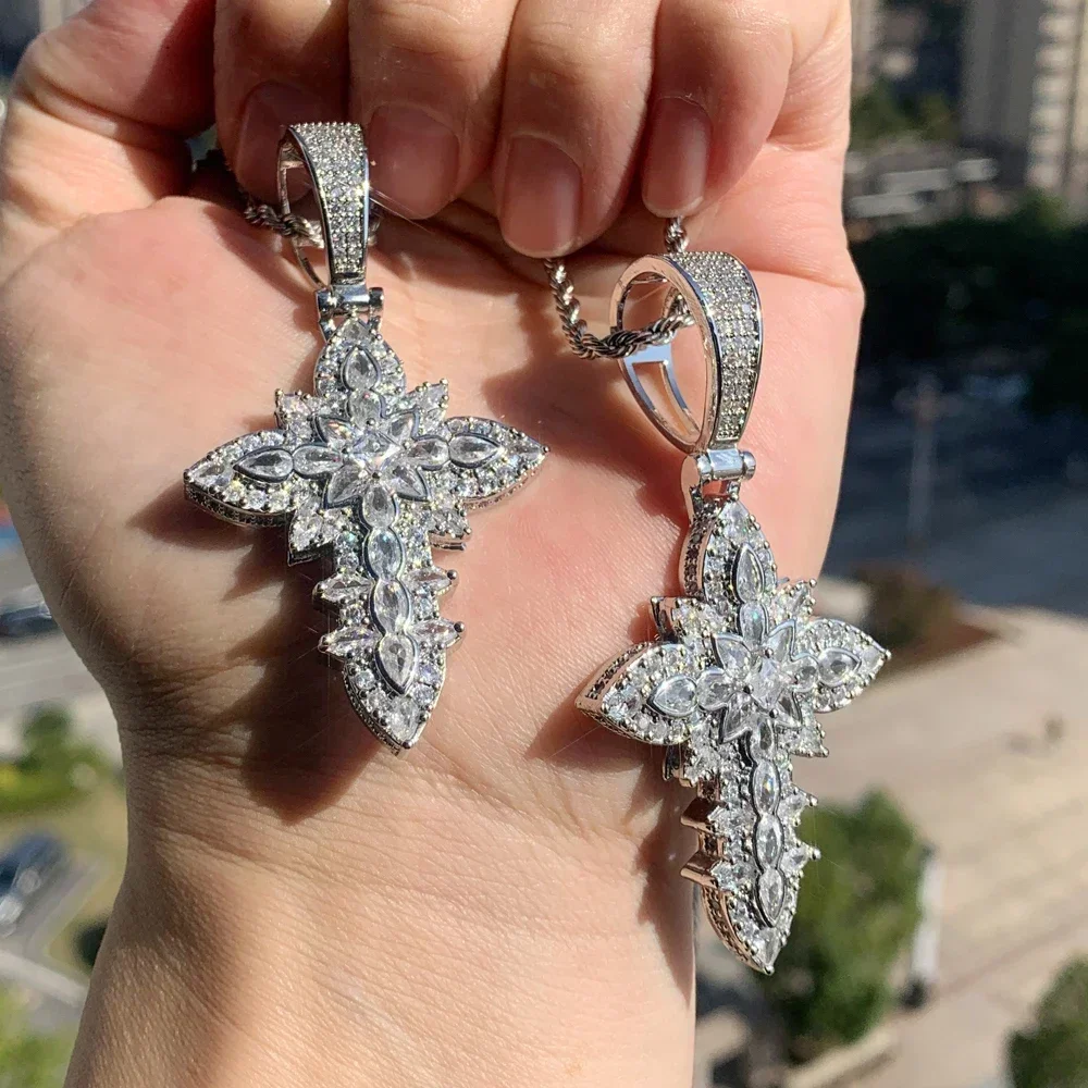 Цветок Иисуса Крест Кулон Мужское Ожерелье Веревочная Цепочка для Женщин Bling Cz