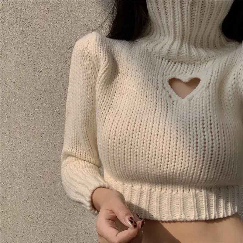 Y2k Women's Turtleneck Cropped Sweater Hollow Out Heart Sweater Solid Long Sleeve Pullover Knitted Sweater Korean Fashion