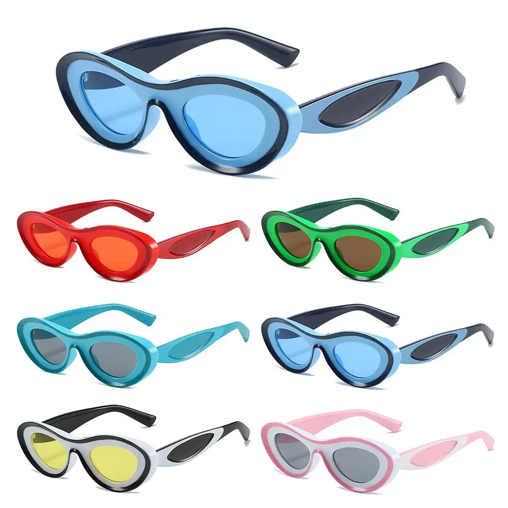 

2023 New Eyewear Hip Hop UV400 Blue Green Shades Cat Eye Sunglasses Oval Sun Glasses Two Color