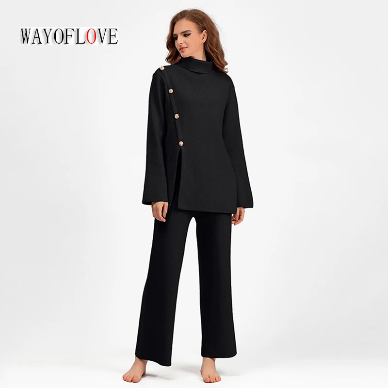 

WAYOFLOVE Autumn Winter Warm Women's Sweater Knitted Set Turtleneck Pullovers Sweater Top Wide Leg Trousers Suits Two Piece Sets
