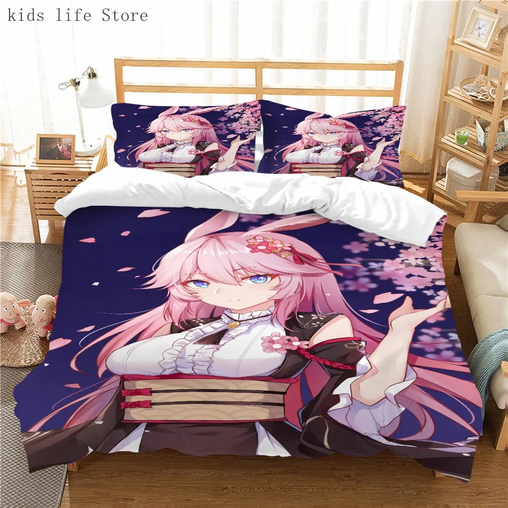 

Yae Sakura Anime Bedding Set Pink Hair Cool Bedclothes Soft Fashion Duvet Cover Single Double Size For Boys Adults Bedroom Decor