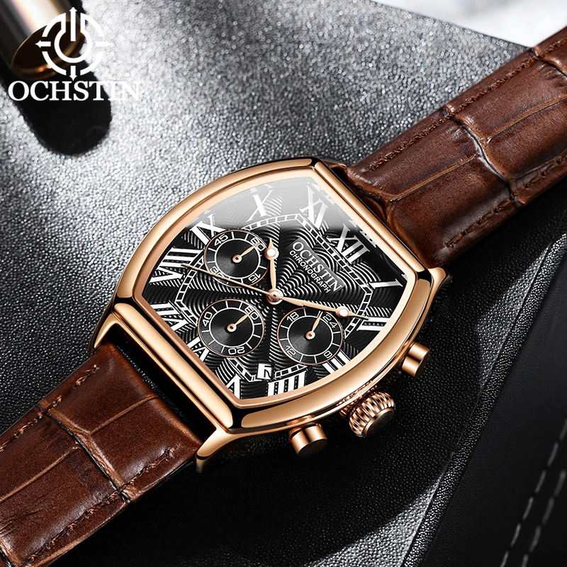 Фото Мужские кварцевые часы OCHSTIN Commander Series с прямоугольным корпусом, многофункциональные, с ремешком из натуральной кожи, для повседневной носки и активного отдыха №1