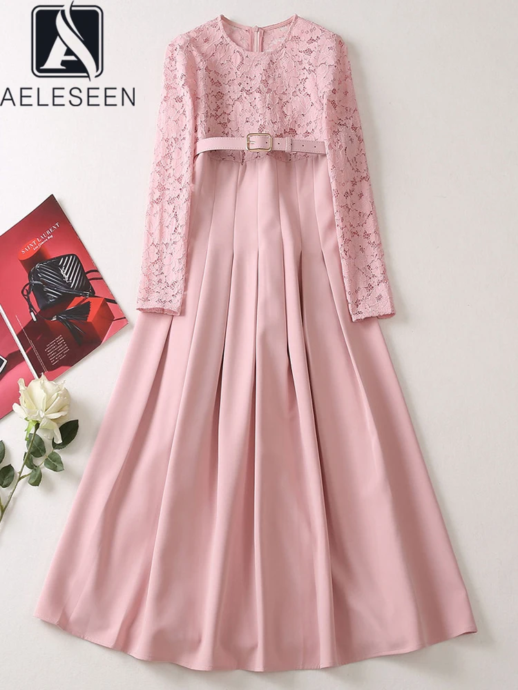 

AELESEEN Women Lace Dress Runway Fashion Spring Summer Pink Flower Embroidery Belt Elegant Long Sleeve Party Holiday