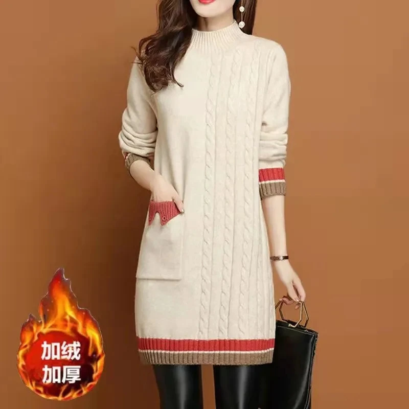 Длинные плюшевые теплые вязаные свитера женские осенне-зимние пуловеры и