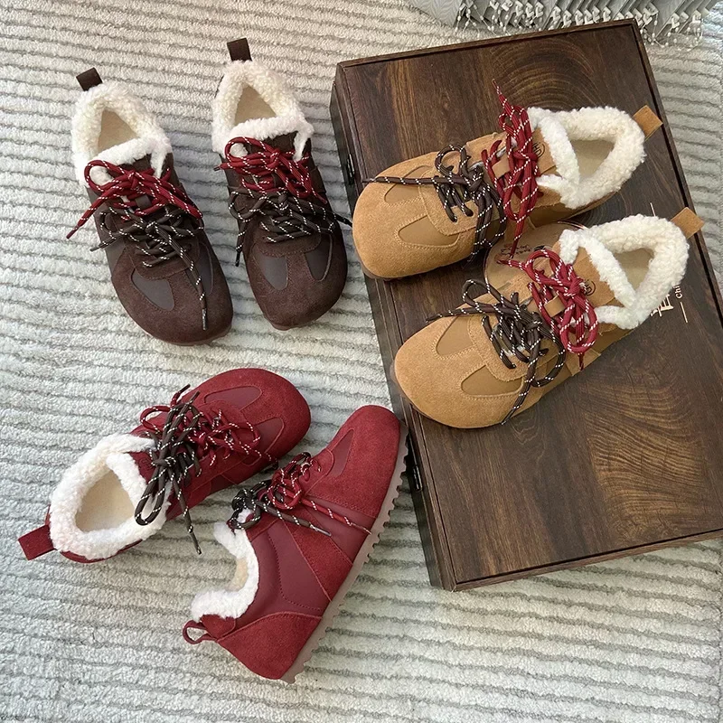 German Training Shoes Female Genuine Leather 2025 Winter New Flat Velvet Forrest Gump Women Casual Sneakers