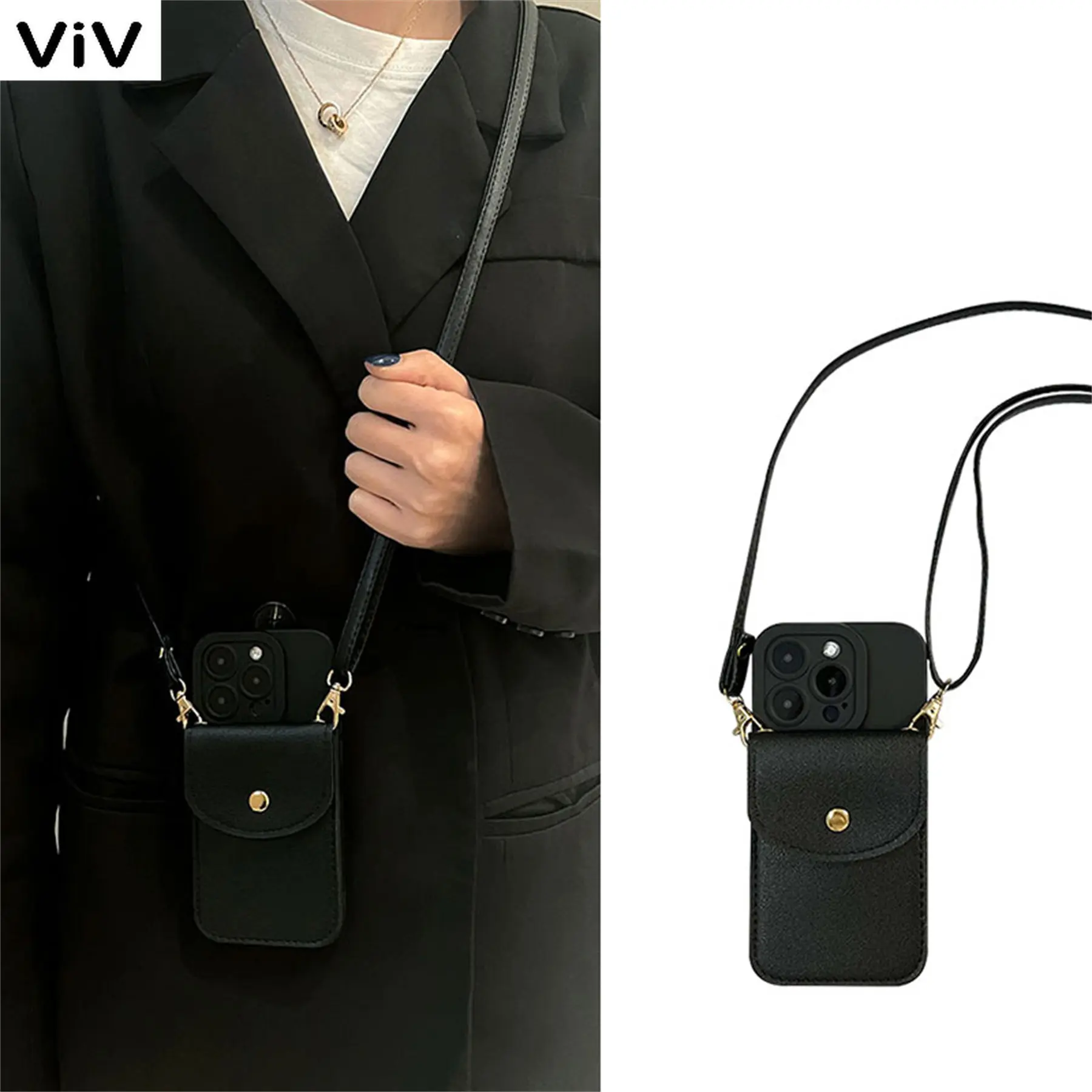 

Luxury Crossbody Lanyard Necklace Leather Chain Card Holder Solid Case for iPhone 11 12 13 14 Pro Max Shockproof Back Cover