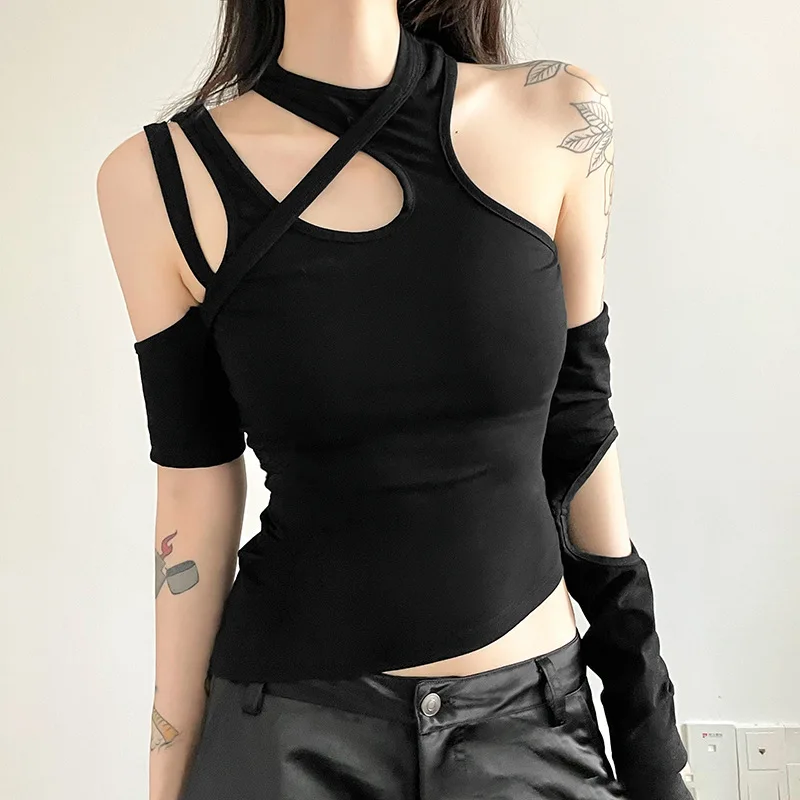 

Goth Dark Irregular Cut Out Techwear Fashion T-shirts Cyber Y2k Gothic Open Shoulder Sexy Crop Tops Punk Bodycon Women Black Tee