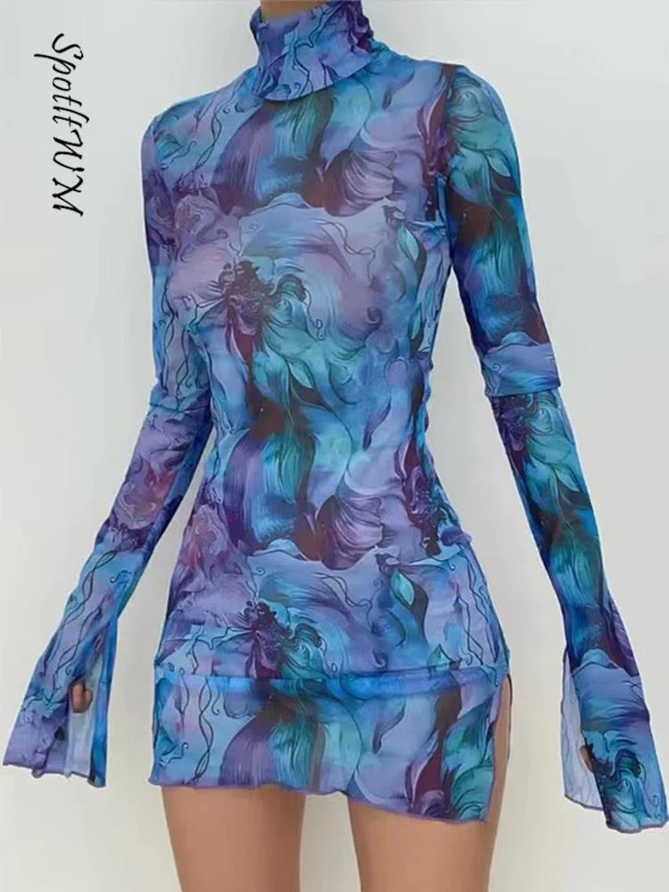 

Sexy Women Turtleneck Tie-dye Print Dress Fashion Mesh Long Sleeve Slim Mini Dresses 2023 Summer Vintage Female Split Streetwear