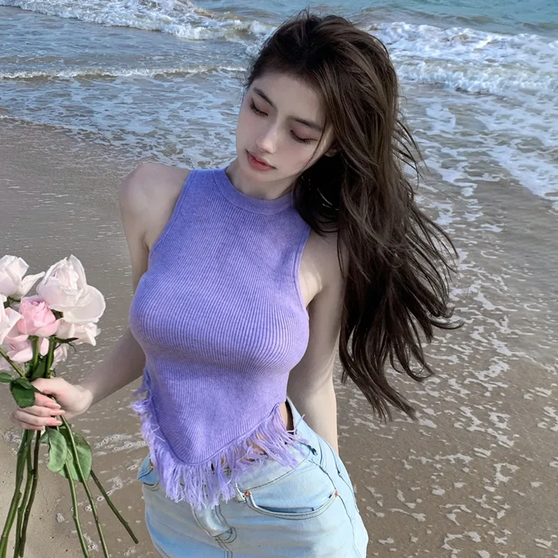 

Женская Асимметричная майка, трикотажный пляжный топ без рукавов с бахромой и круглым вырезом, летний кроп-топ