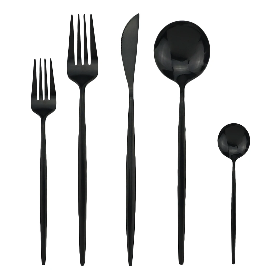 

5 Pcs/Set Dinnerware Set Black Dessert Fork Mirror Gold Silverware 304 Stainless Steel Cutlery Set Knife Fork Spoon Dinner set