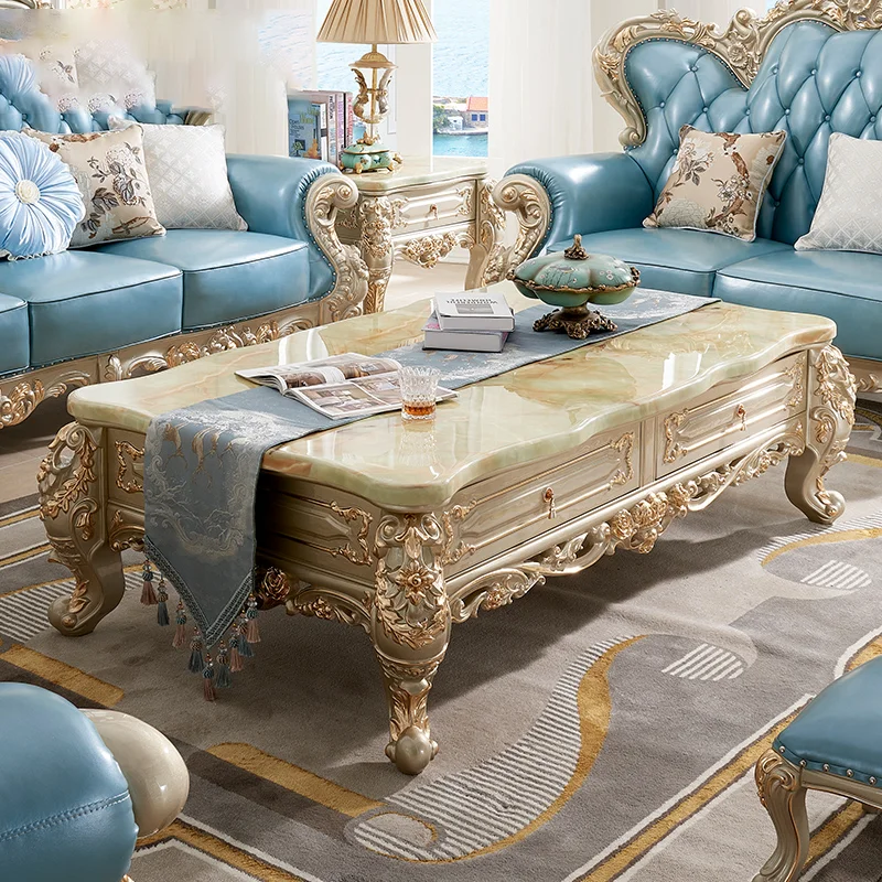 

European-Style Living Room Crown Coffee Table TV Cabinet Combination Golden Solid Wood Carved European-Style Marble Tea Table