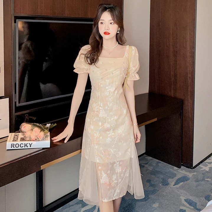 

Women One Piece Ladies Korea Dress Summer 2022 New French Style Patchwork Mesh Square Collar Apricot Long Dresses Dropshipping