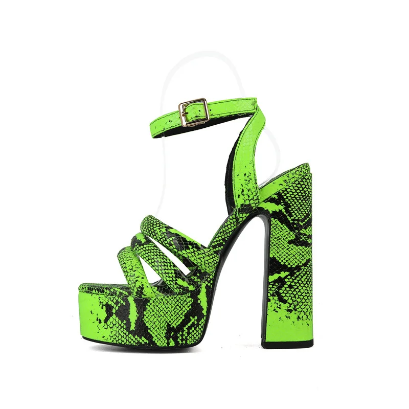 Summer Comfortable Platform Women Sandals Peep Toe High Heels Round Toe Crude Heel Female Fashion Snake Patterned Chunky Shoes