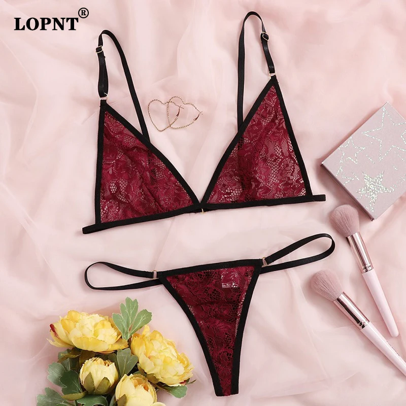 

LOPNT Lace Bra Set Transparent Women's Underwear Flower Printed Hollow See-through Sexy Lingerie Female Wine Red Erotic Intimate