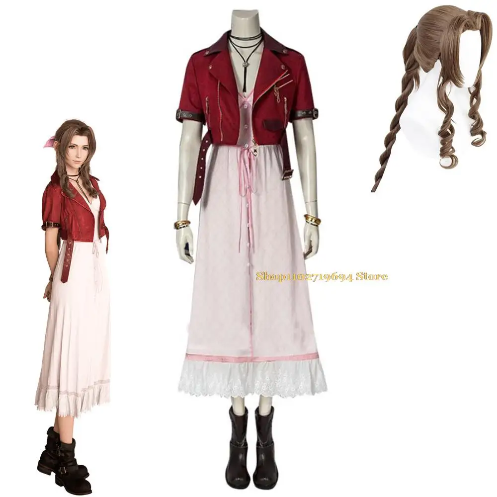 

Game Final Fantasy VII Remake FF7 Aerith Gainsborough Aeris Cosplay Costume Wig Anime Sexy Woman Red Jacket Dress Halloween Suit
