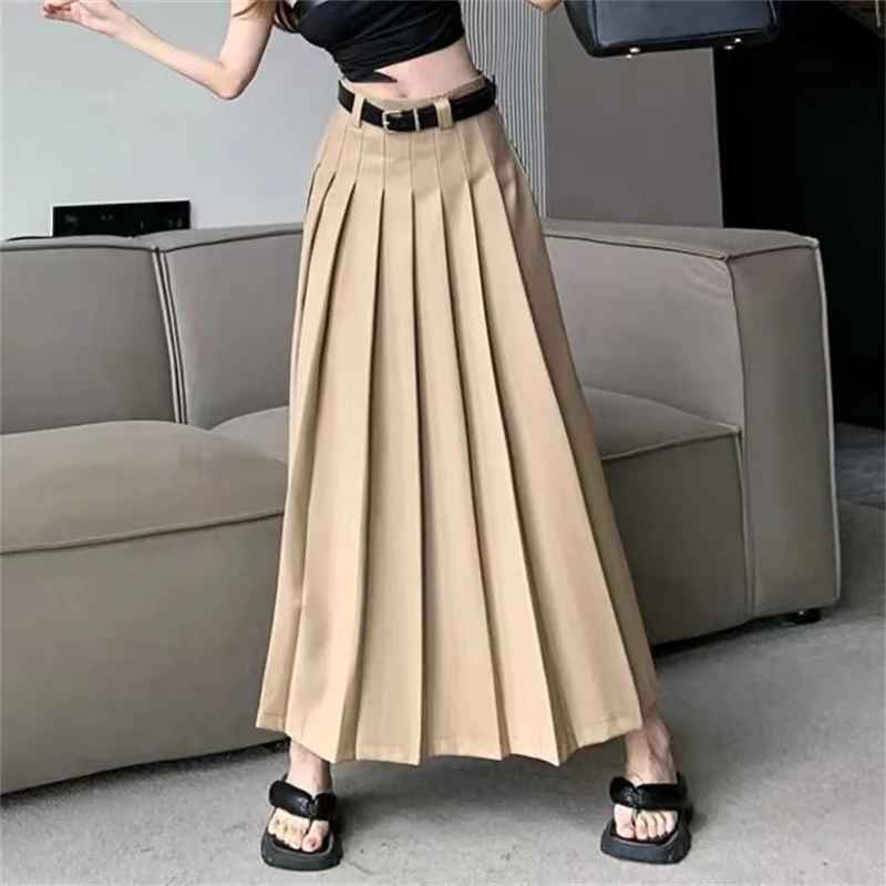 

Женские серые юбки, винтажная плиссированная длинная юбка с высокой талией, Женская Осенняя японская модная трапециевидная юбка, 2023